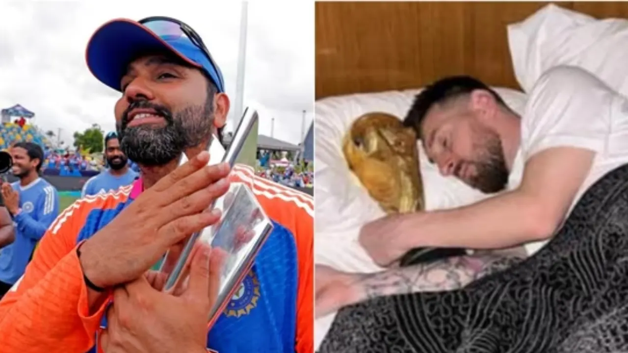 ট্রফির সাথে ছবি তুলে মেসিকে মনে করিয়ে দিলেন রোহিত। ছবি : সংগৃহীত