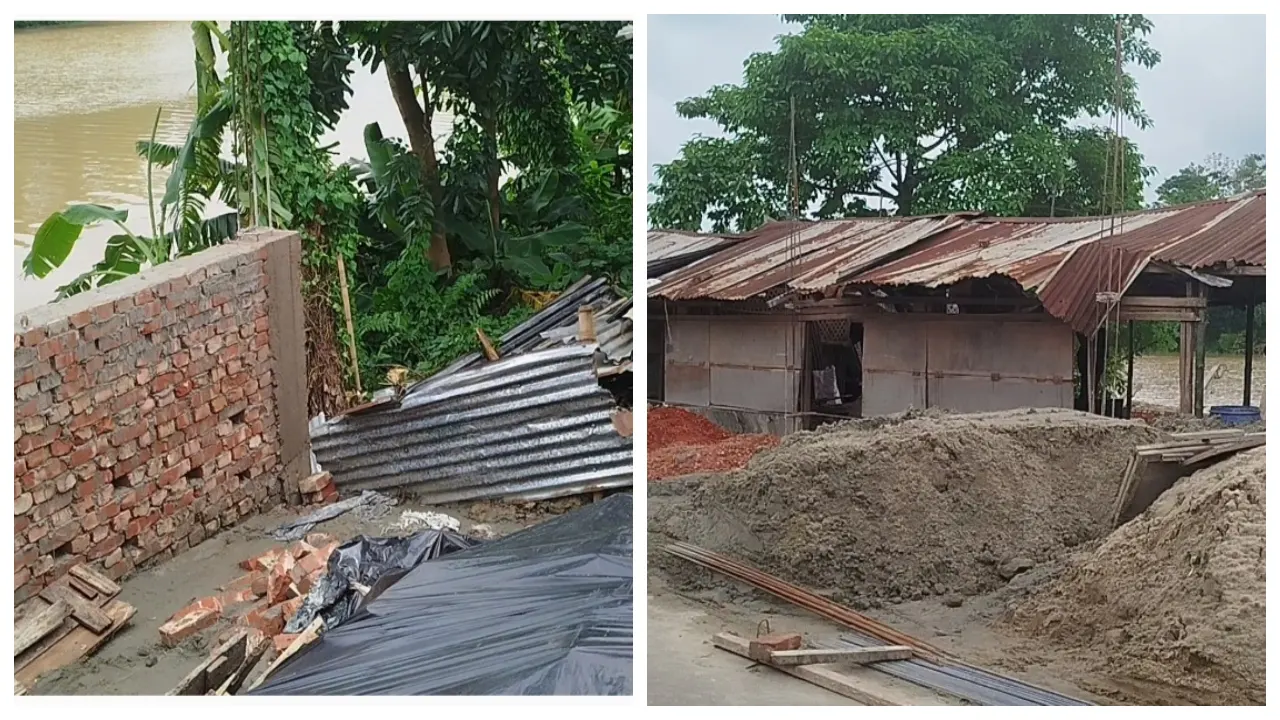 ফেনীর লেমুয়া বাজারে পানি উন্নয়ন বোর্ডের সরকারি জায়গা দখল করে তোলা হচ্ছে পাকা-কাঁচা স্থাপনা। ছবি : কালবেলা