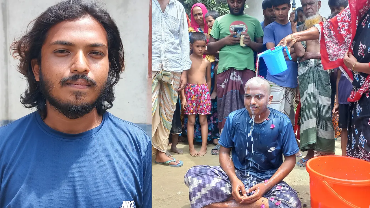 মাথা ন্যাড়া ও দুধ দিয়ে গোসল করেন হাসেম আল ওসামা। ছবি : কালবেলা