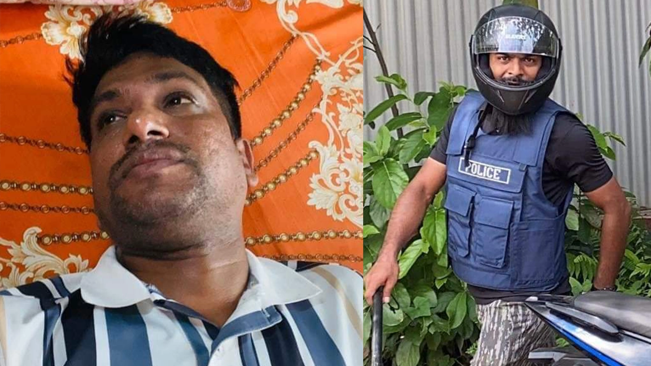 আহত সাংবাদিক সালাহউদ্দিন সালমান ও অভিযুক্ত পুলিশ সদস্য। ছবি : সংগৃহীত
