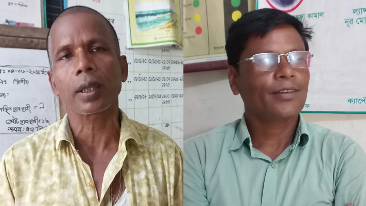 অভিযুক্ত শিক্ষক দেবেন্দ্র কুমার মাহাতো ও বিশ্বনাথ কুমার মাহাতো। ছবি : কালবেলা