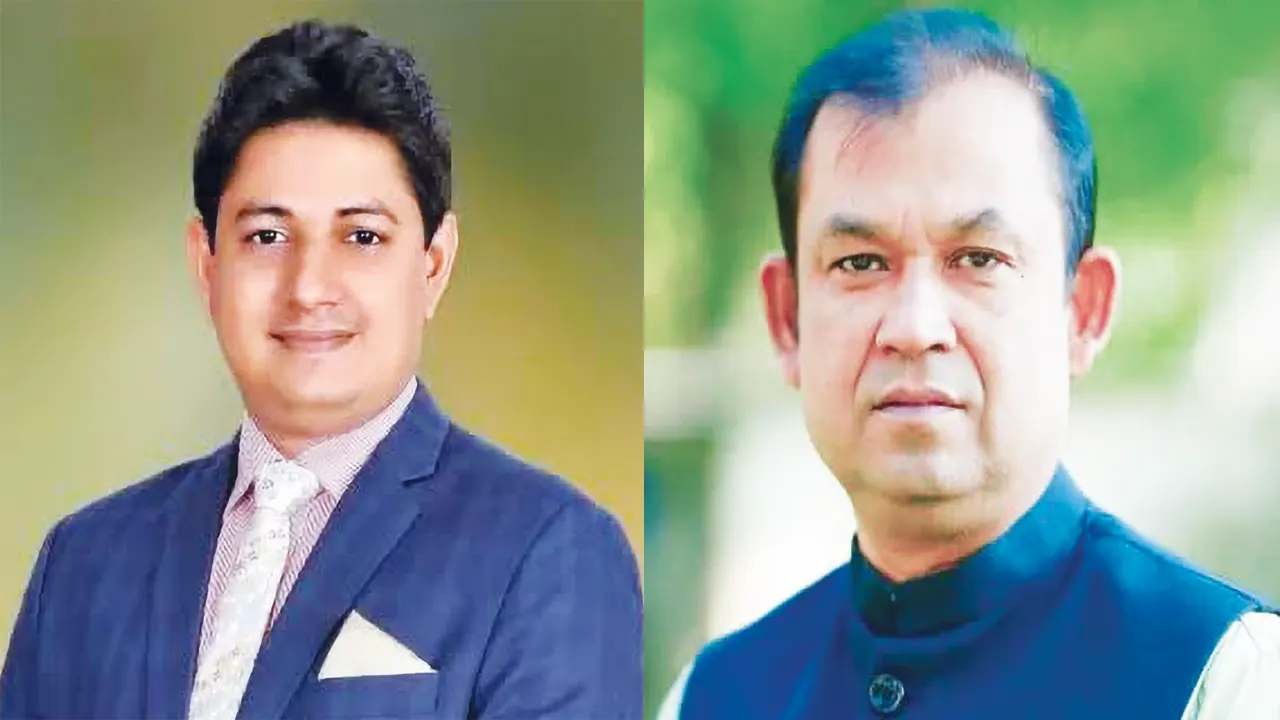 বাঁ থেকে মঠবাড়িয়া উপজেলা চেয়ারম্যান বায়জিদ খান ও পিরোজপুর-৩ আসনের সংসদ সদস্য শামীম শাহনেওয়াজ। পুরোনো ছবি