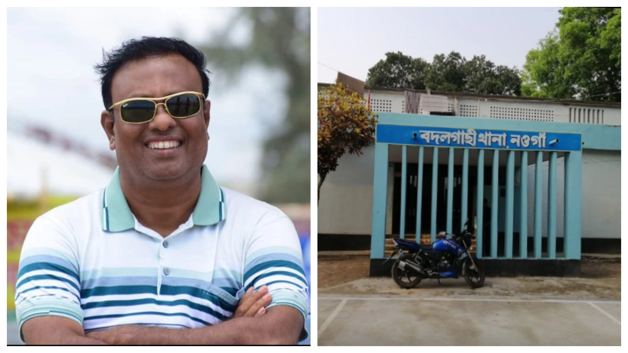 বাঁ থেকে- অভিযুক্ত কৃষকলীগ নেতা সানাউল হক হিরো ও বদলগাছি থানা। ছবি : সংগৃহীত
