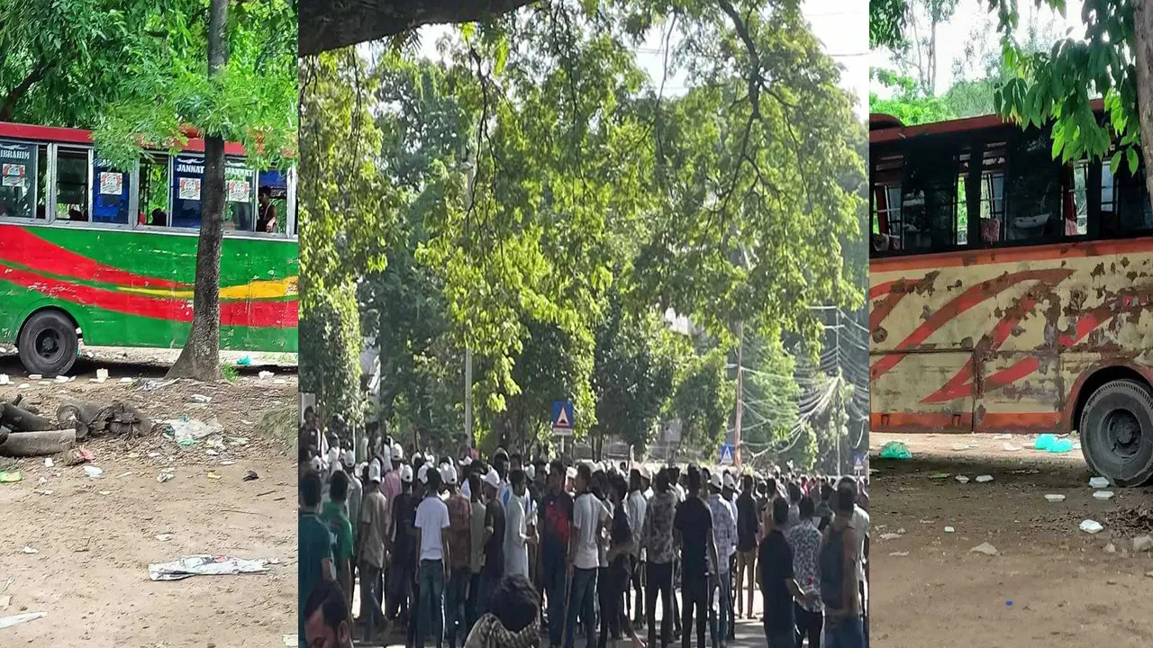 ক্যাম্পাসে নিয়ে আসা বাস ও হামলাকারীরা। ছবি : কালবেলা