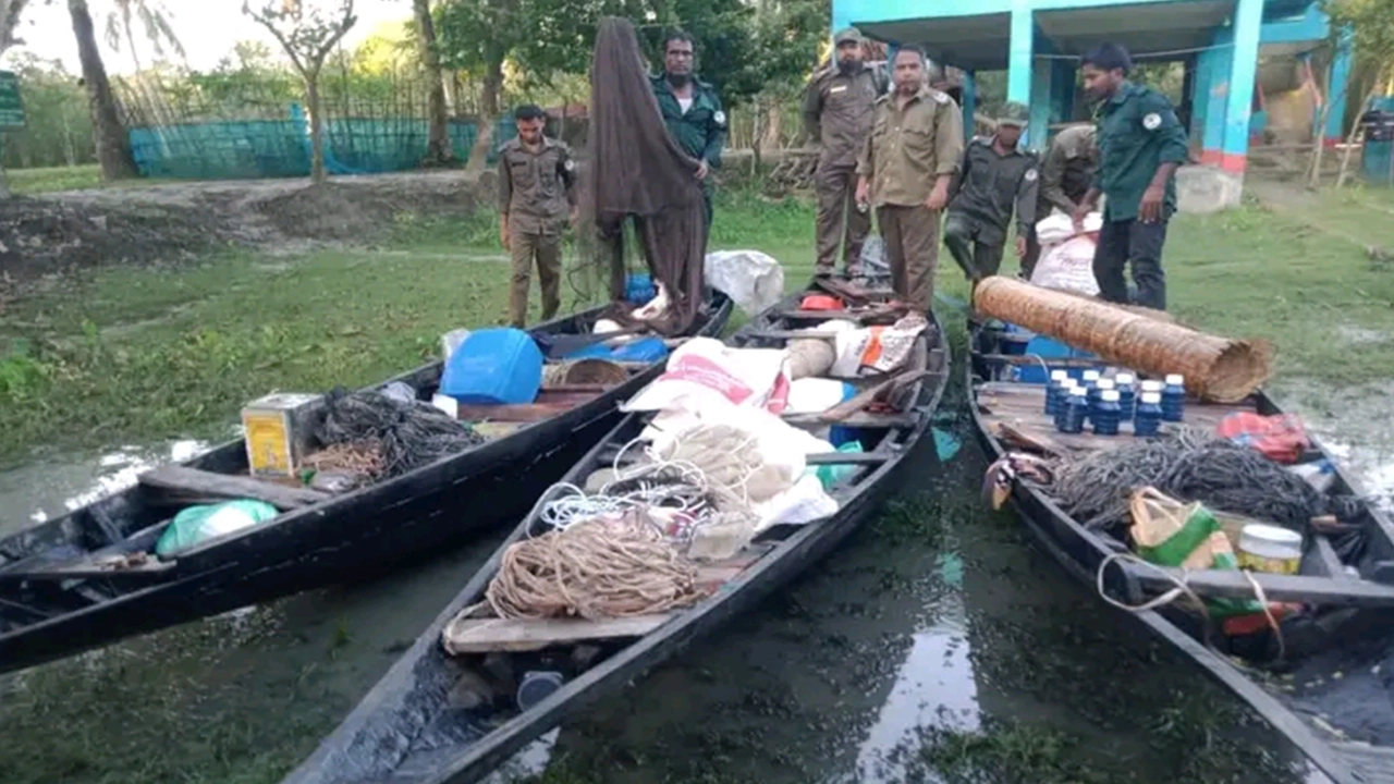 সুন্দরবনে হরিণের মাংস চামড়া ফাঁদ কীটনাশক ও নৌকা জব্দ। ছবি : কালবেলা