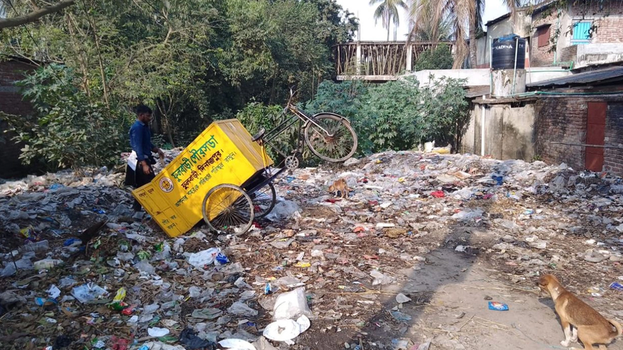 ফুলবাড়ী পৌর শহরে সড়কের পাশে ময়লা আবর্জনার স্তূপ। ছবি : কালবেলা