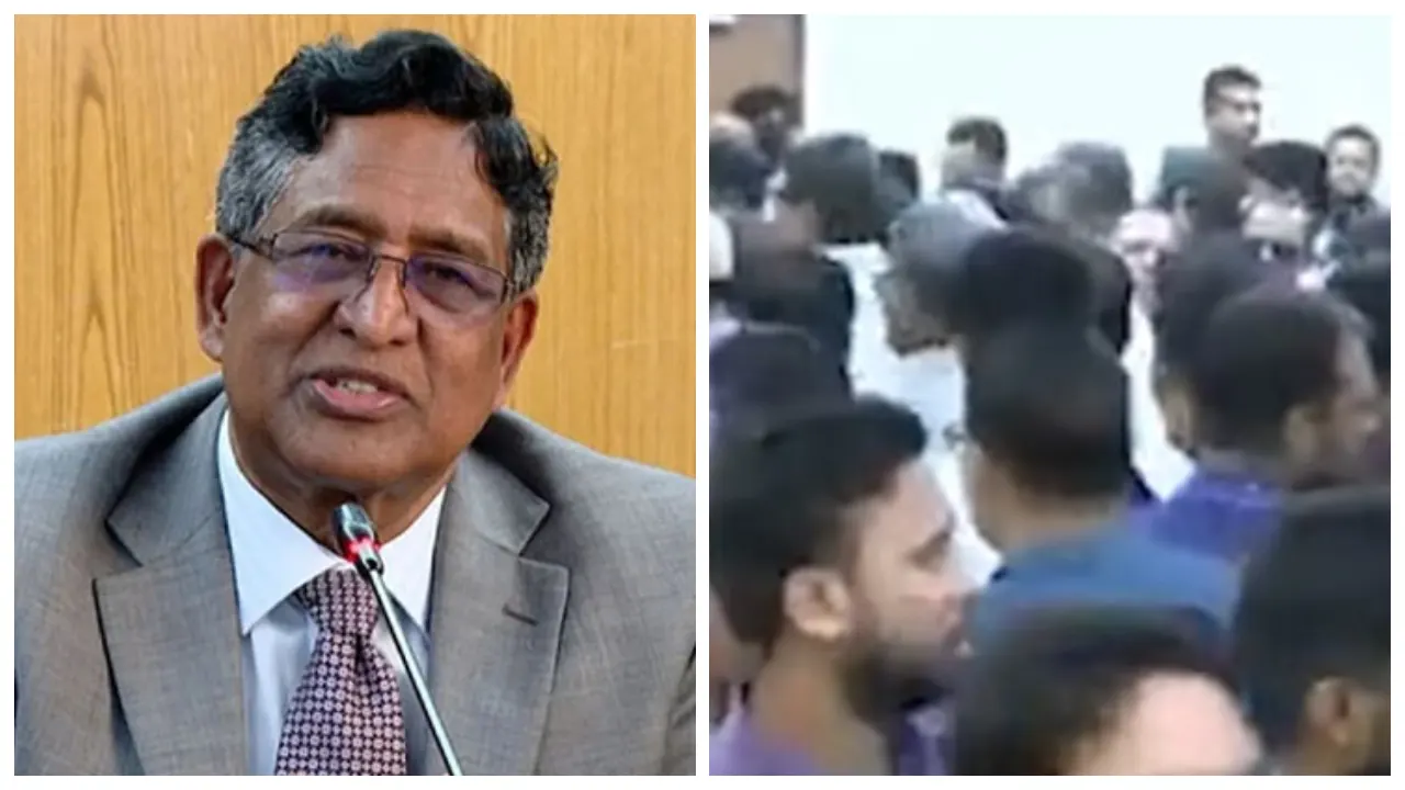 সাবেক মন্ত্রী ড. আব্দুর রাজ্জাক ও আওয়ামী লীগ অফিসে হট্টগোলের দৃশ্য (বাঁ থেকে)। ছবি : সংগৃহীত
