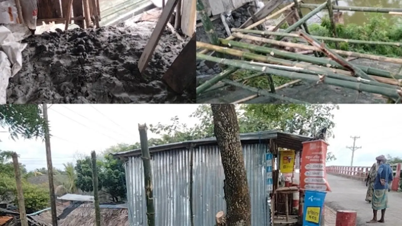 তেঁতুলিয়া ব্রিজের পাশে সরকারি জমি দখল করে দোকান নির্মাণের দৃশ্য। ছবি : কালবেলা