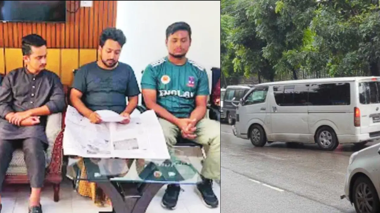 ছয় সমন্বয়ক ও ডিবি কার্যালয় থেকে বেরিয়ে আসা মাইক্রোবাস (বাঁ থেকে)। ছবি : কালবেলা