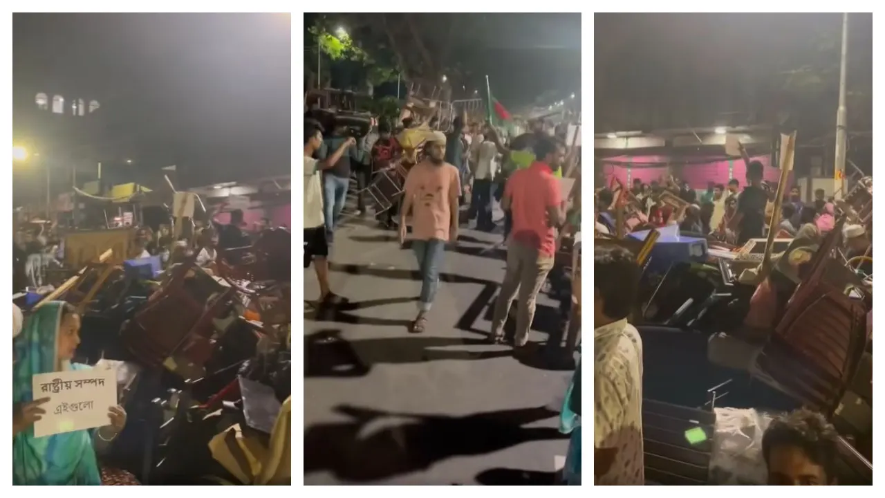 গণভবন থেকে নিয়ে যাওয়া জিনিসপত্র শিক্ষার্থীদের কাছে ফেরত দিয়ে যাচ্ছেন অনেকে। ছবি : ভিডিও থেকে