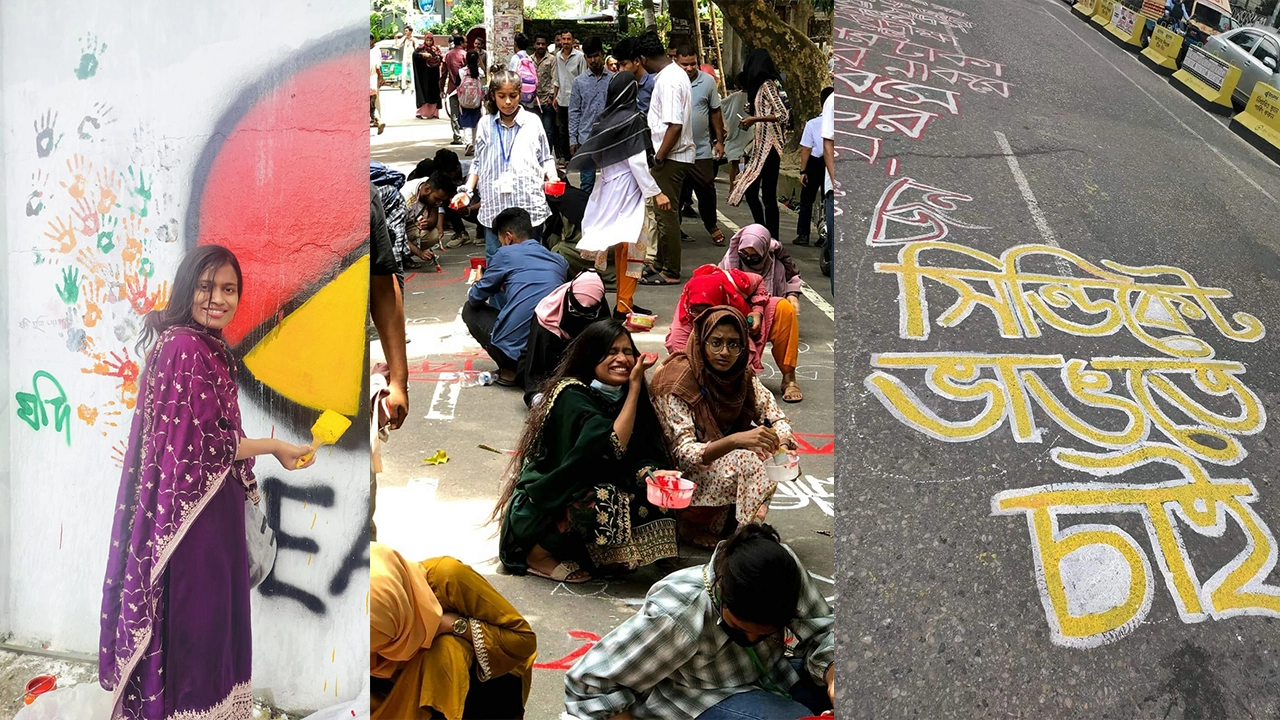 রং তুলি দিয়ে রঙিন করছেন দেয়াল, সড়ক, রাজপথ। ছবি : কালবেলা