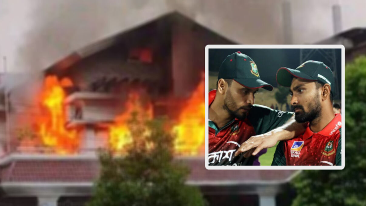মাশরাফীর পুড়ে যাওয়া বাড়ি (বাঁয়ে) ও ইনসার্টে মাশরাফী-লিটন। ছবি : সংগৃহীত