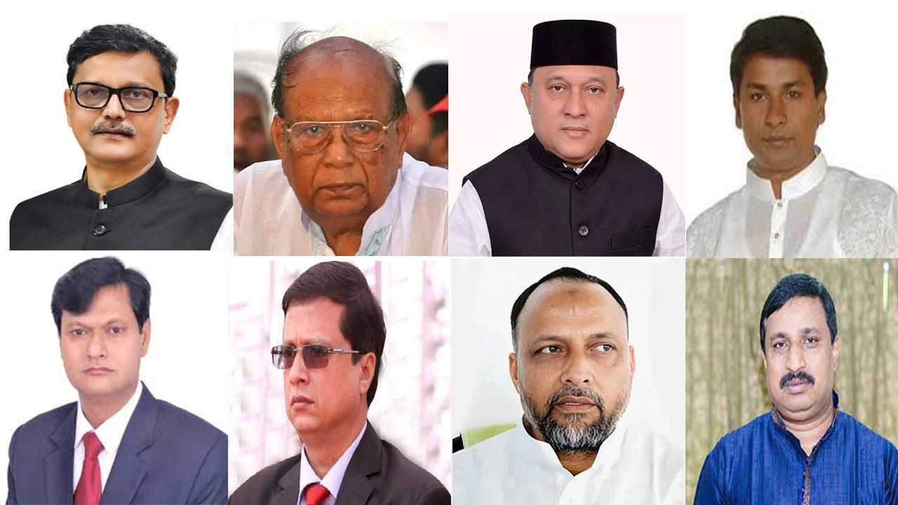 উপরের বাঁ থেকে- খালিদ মাহমুদ চৌধুরী, রমেশ চন্দ্র সেন, সাইমুম সরওয়ার কমল, শফিকুল ইসলাম শিমুল, সাইফুল ইসলাম, তালুকদার তৌহিদ জং মুরাদ, এমএ লতিফ, নিজাম উদ্দিন হাজারী। ছবি : সংগৃহীত