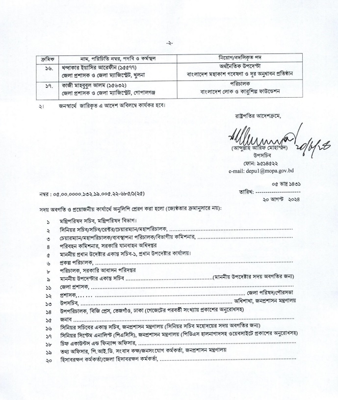 ২৫ জেলার ডিসি প্রত্যাহার