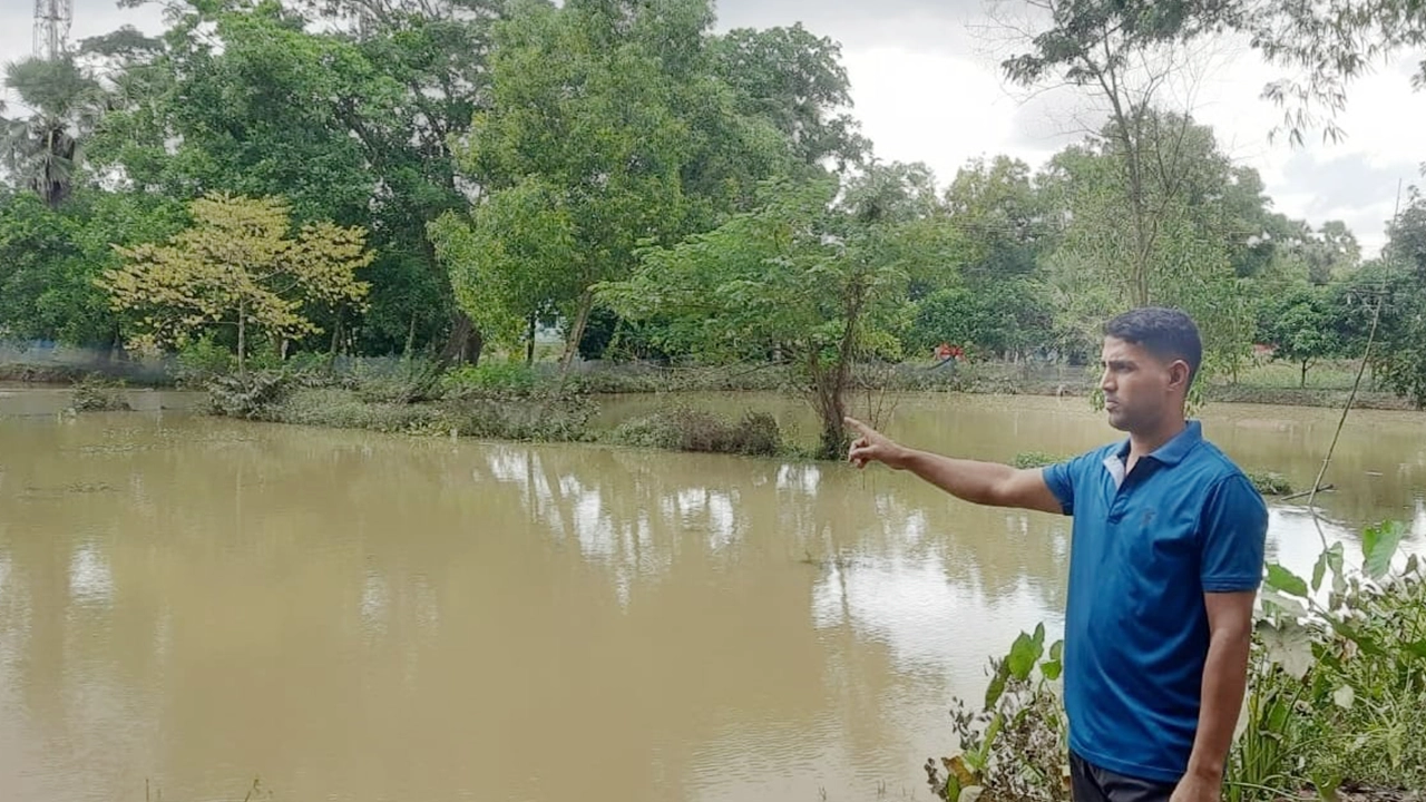 আখাউড়া উপজেলা দক্ষিণ ইউনিয়নের সাহেবনগর গ্রামে বন্যায় ক্ষতিগ্রস্ত পুকুর দেখাচ্ছেন সোহাগ মিয়া। ছবি : কালবেলা