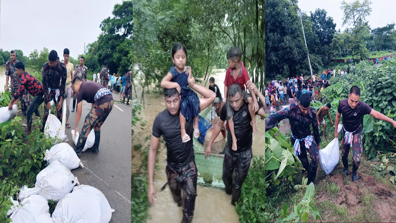বন্যাদুর্গতদের সহায়তায় বর্ডার গার্ড বাংলাদেশ (বিজিবি)। ছবি : কালবেলা