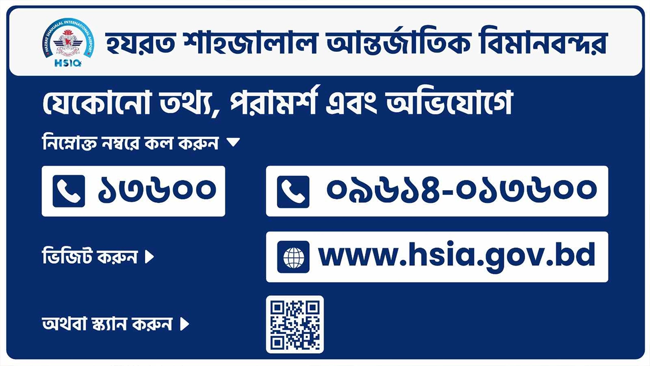 বিমানবন্দরের যে কোনো তথ্য, অভিযোগ ও পরামর্শের নম্বর। ছবি : সংগৃহীত