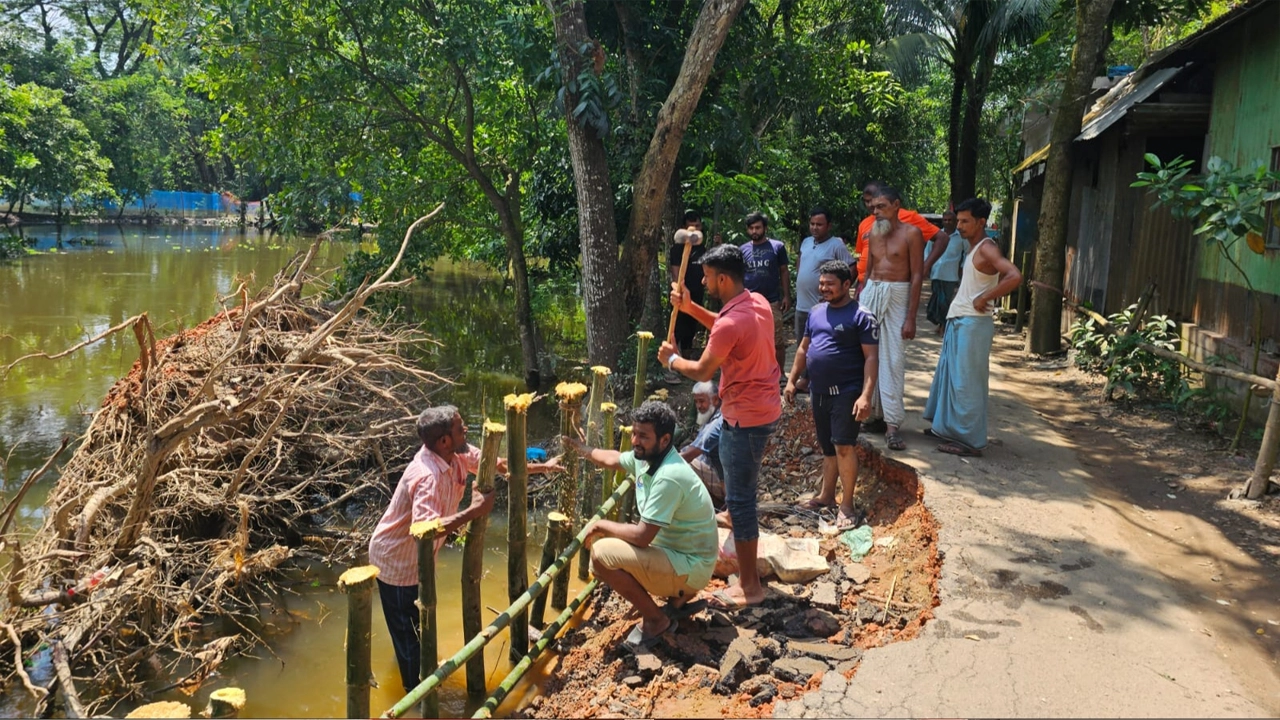 ব্রাহ্মণপাড়ায় ভয়াবহ বন্যায় ক্ষতিগ্রস্ত সড়কের সংস্কার কাজ করছেন স্থানীয় তরুণ ও যুবসমাজ। ছবি : কালবেলা