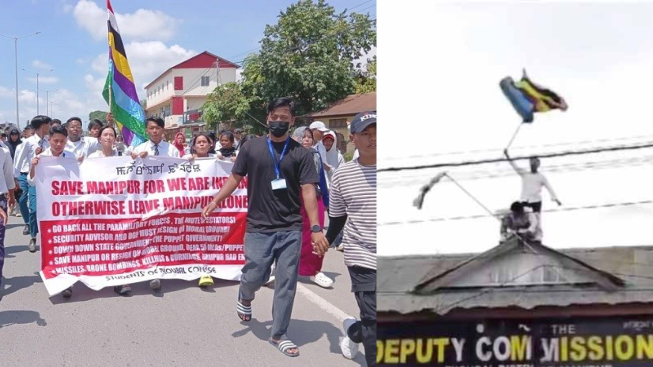 মনিপুরে বিক্ষোভকারীরা ভারতের পতাকা নামিয়ে উড়িয়েছেন সাতরঙা পতাকা। ছবি : সংগৃহীত