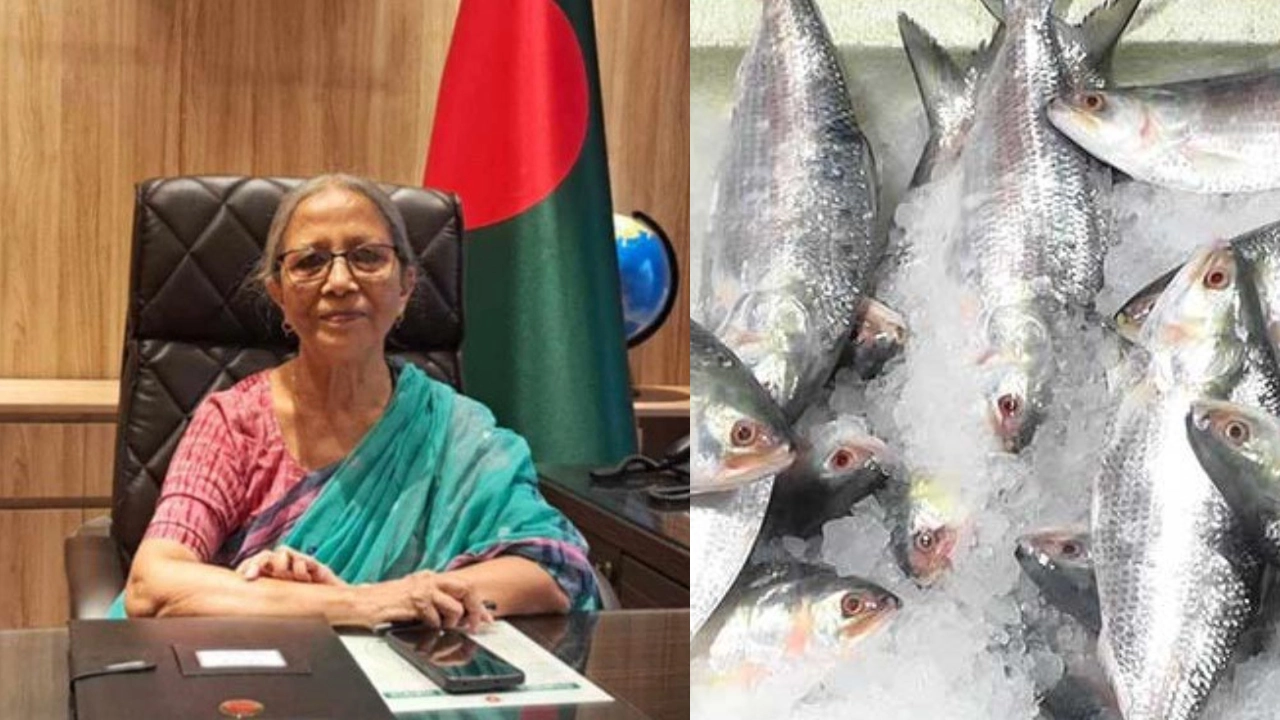 মৎস্য উপদেষ্টা ফরিদা আখতার ও ইলিশ মাছ। ছবি : সংগৃহীত