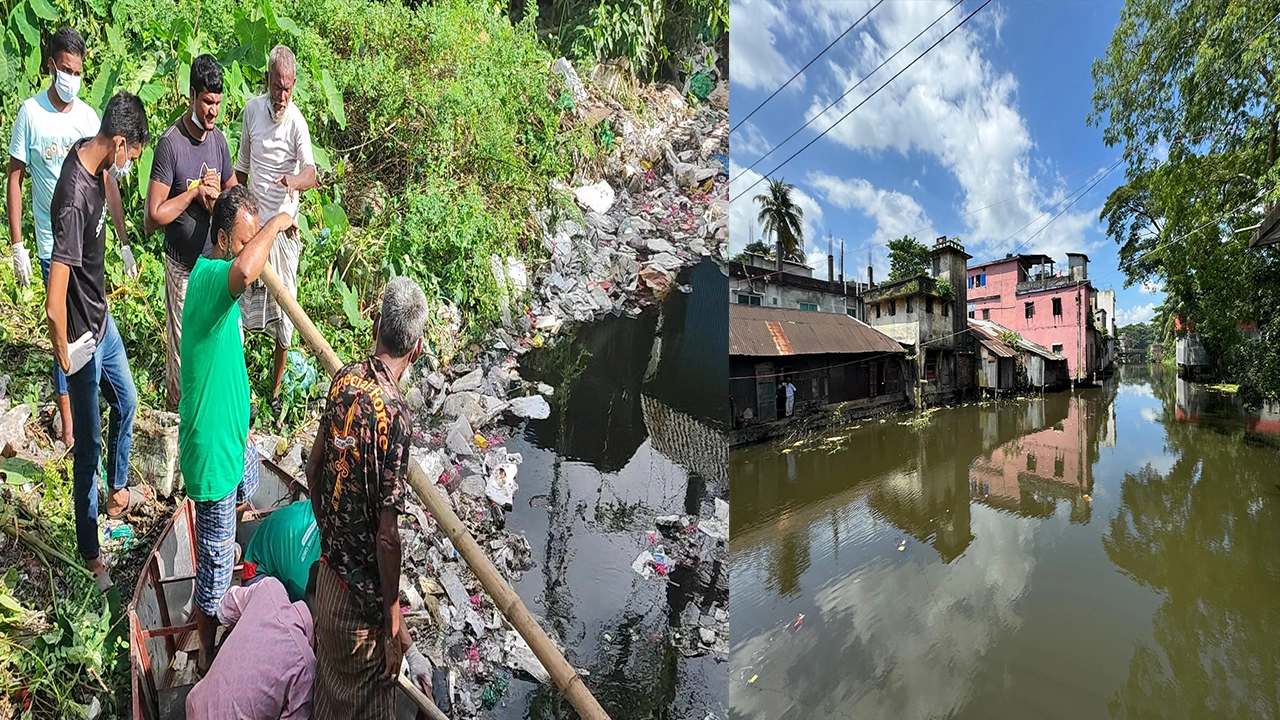 ঐতিহ্যবাহী বিরেন্দ্র খালের আগে ও পরের চিত্র। ছবি : কালবেলা
