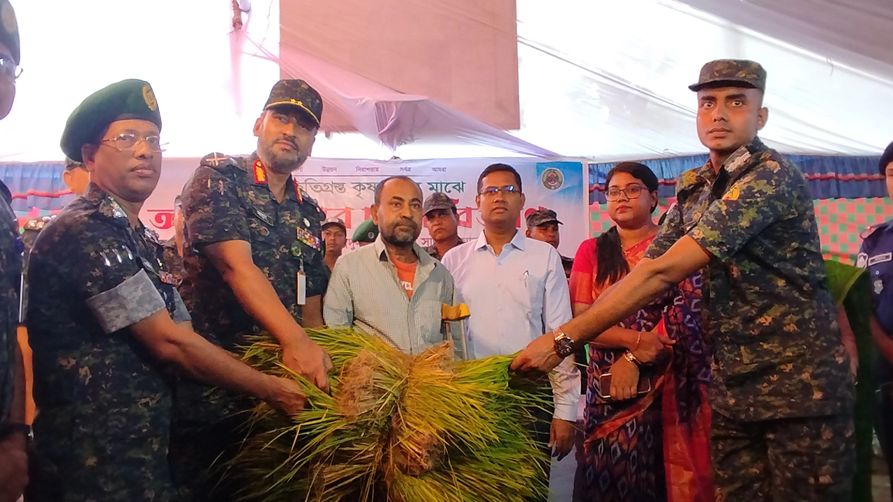 প্রান্তিক কৃষকের হাতে ধানের চারা তুলে দেন আনসার ও গ্রাম প্রতিরক্ষা বাহিনীর মহাপরিচালক মেজর জেনারেল আবদুল মোতালেব সাজ্জাদ মাহমুদ। ছবি : কালবেলা