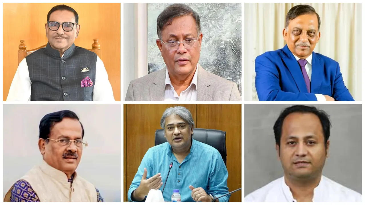 উপরে বাঁ থেকে ওবায়দুল কাদের, হাসান মাহমুদ, আসাদুজ্জামান খান। নিচে বাঁ থেকে জাহাঙ্গীর কবির নানক, মোহাম্মদ আলী আরাফাত ও মহিবুল হাসান চৌধুরী নওফেল। পুরোনো ছবি