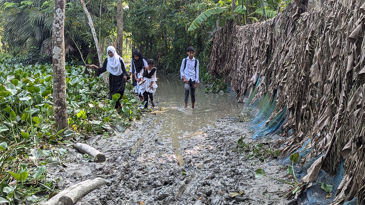 এভাবে শিক্ষার্থীদের কাদামাটির রাস্তা দিয়ে স্কুল-কলেজে যেতে হচ্ছে। ছবি : কালবেলা