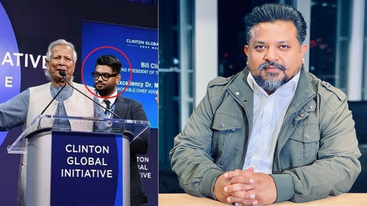 প্রধান উপদেষ্টা ড. মুহাম্মদ ইউনূস ও তার পাশে জাহিন রোহান রাজিন এবং আল জাজিরার অনুসন্ধানী সাংবাদিক জুলকারনাইন সায়ের সামি। ছবি : সংগৃহীত