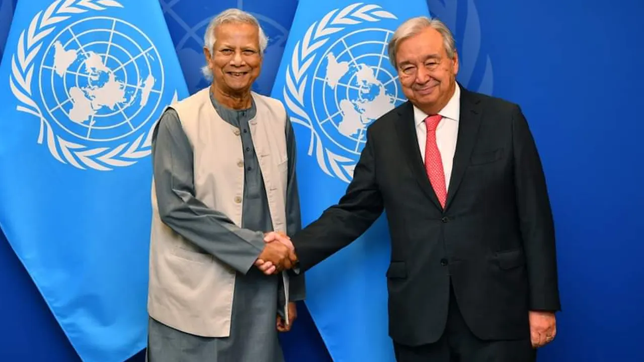 প্রধান উপদেষ্টা অধ্যাপক ড. মুহাম্মদ ইউনূস ও জাতিসংঘের মহাসচিব অ্যান্তোনিও গুতেরেস। ছবি : সংগৃহীত