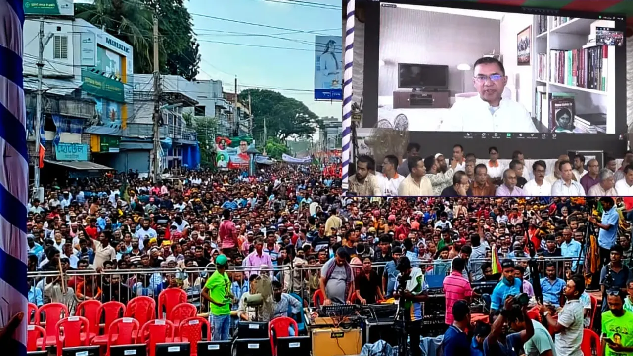 ঝিনাইদহে অনুষ্ঠিত সমাবেশে ভার্চুয়ালি বক্তব্য দেন বিএনপির ভারপ্রাপ্ত চেয়ারম্যান তারেক রহমান। ছবি : কালবেলা