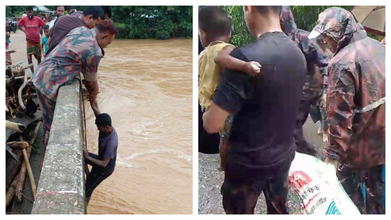 শেরপুর জেলার ঝিনাইগাতী ও নালিতাবাড়ী উপজেলায় বন্যা কবলিত মানুষের পাশে বিজিবি। ছবি : কালবেলা