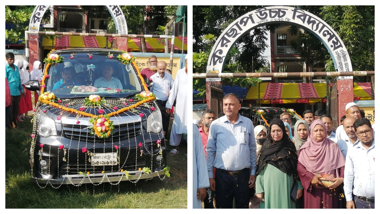 কুমিল্লার দেবীদ্বার উপজেলার কুরছাপ উচ্চ বিদ্যালয়ে ফুলসজ্জিত গাড়িতে দুই শিক্ষকের রাজকীয় বিদায়। ছবি : কালবেলা