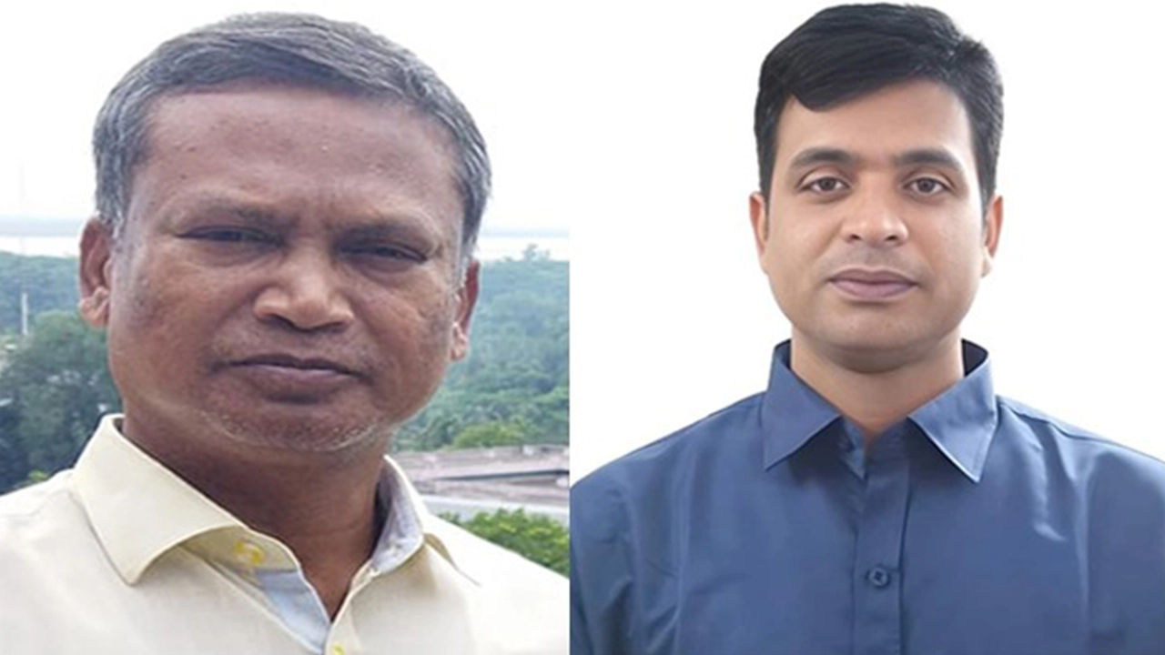 রাজশাহী প্রেস ক্লাবের সভাপতি শ ম সাজু (বামে) ও সাধারণ সম্পাদক আহসান হাবীব অপু (ডানে)। ছবি : কালবেলা