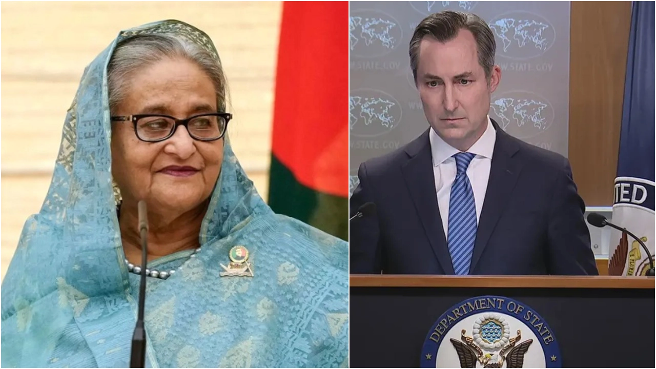 শেখ হাসিনা ও মার্কিন পররাষ্ট্র দপ্তরের মুখপাত্র ম্যাথিউ মিলার। ছবি : সংগৃহীত