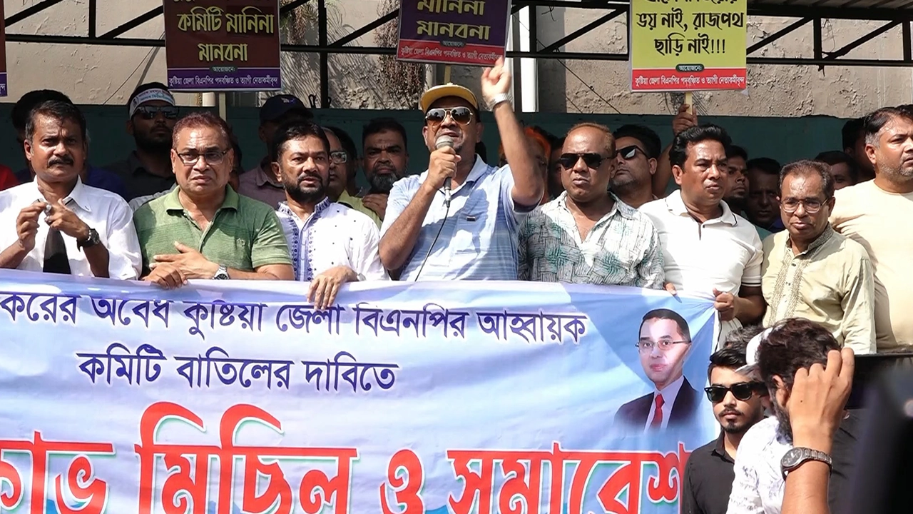 কুষ্টিয়া জেলা বিএনপির সদ্য ঘোষিত পূর্ণাঙ্গ আহ্বায়ক কমিটি বাতিলের দাবিতে বিক্ষোভ মিছিল ও সমাবেশ। ছবি : কালবেলা