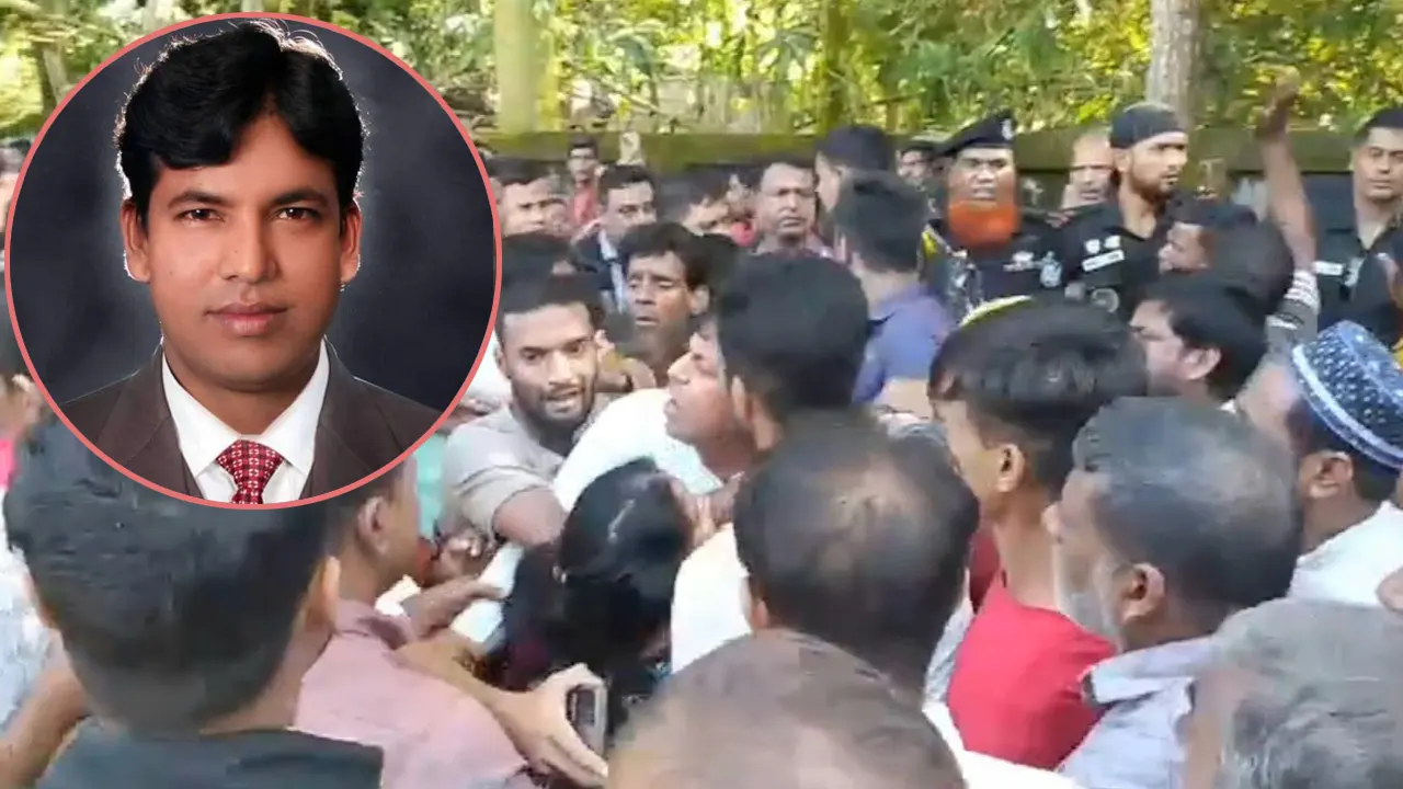 আওয়ামী লীগ নেতাকে ছিনিয়ে নেন নেতাকর্মীরা। ইনসেটে আওলাদুল ইসলাম। ছবি : সংগৃহীত