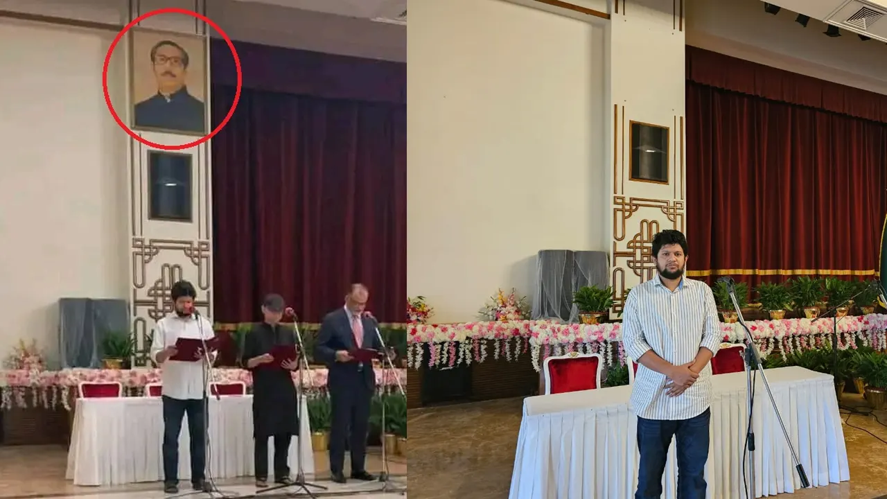 বাঁ পাশের ছবিতে দেখা যাচ্ছে শেখ মুজিবের ছবি টাঙানো, এরপর মুজিবের ছবি সরানোর পর। ছবি : সংগৃহীত
