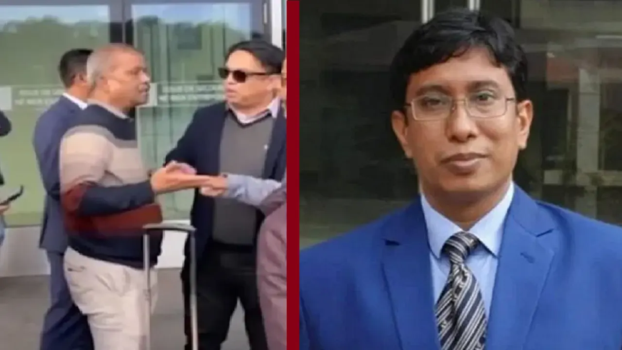 বাঁ দিকে জেনেভায় উপদেষ্টা অধ্যাপক আসিফ নজরুলকে হেনস্তার দৃশ্য, ডানে মুহাম্মদ কামরুল ইসলাম। ছবি : সংগৃহীত