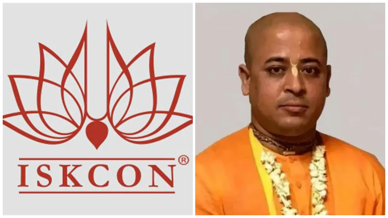 ইসকনের লোগো ও চিন্ময় কৃষ্ণ দাস। ছবি : সংগৃহীত