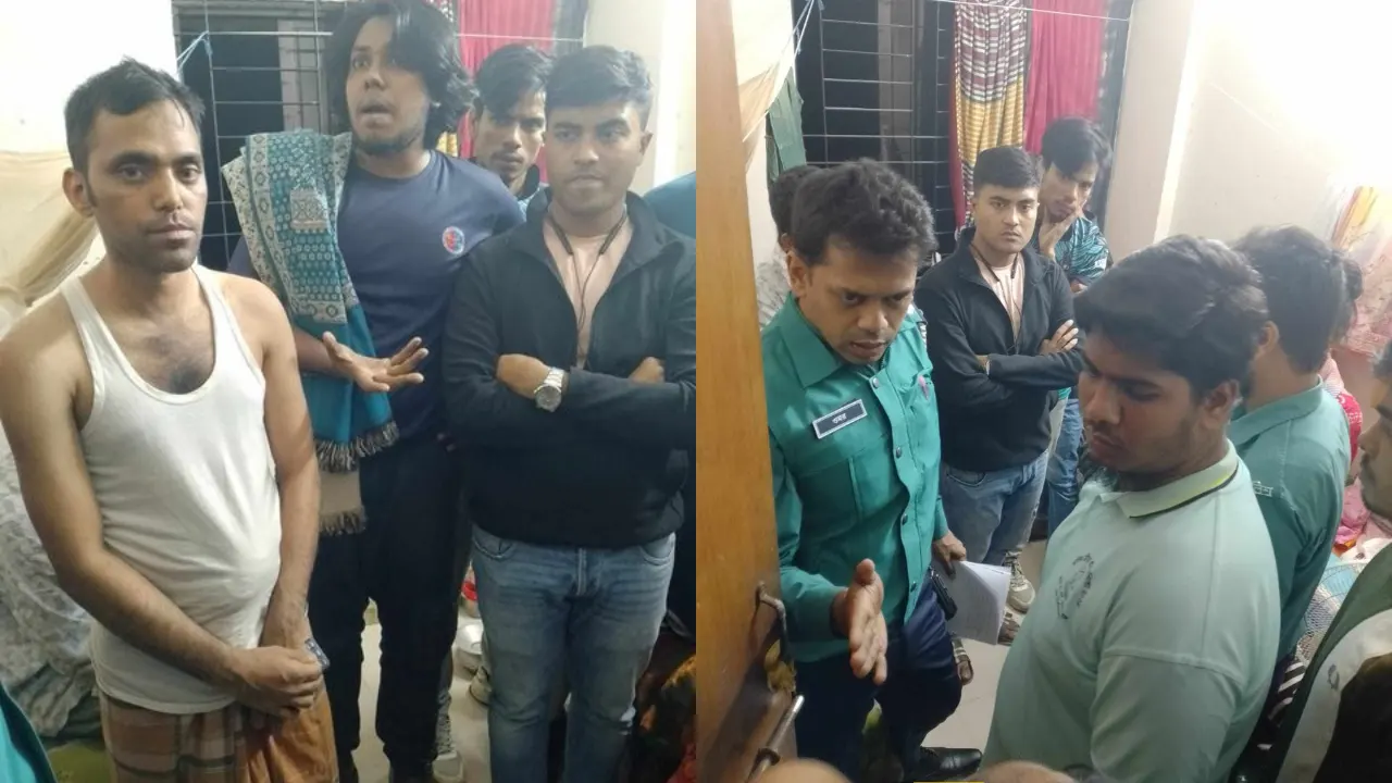 পুলিশসহ অভিযুক্ত মালিকের বাসায় ঢাবি শিক্ষার্থীরা। ছবি : কালবেলা