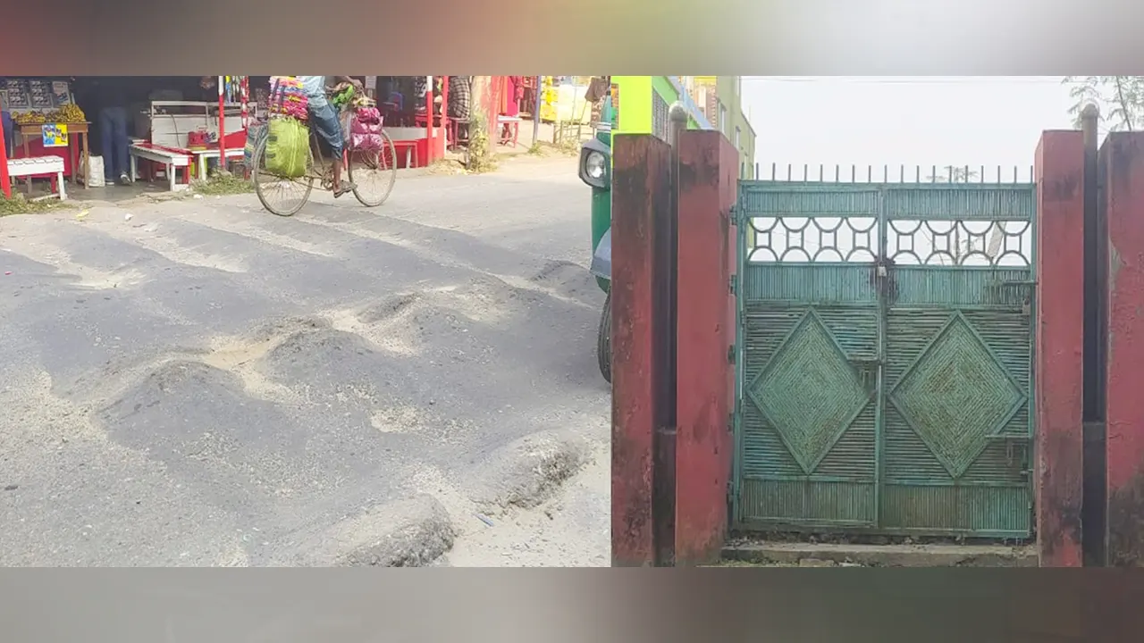 যবিপ্রবির প্রধান ফটক ও তদসংলগ্ন রাস্তায় অকেজো দুটি গতিরোধক। ছবি : কালবেলা