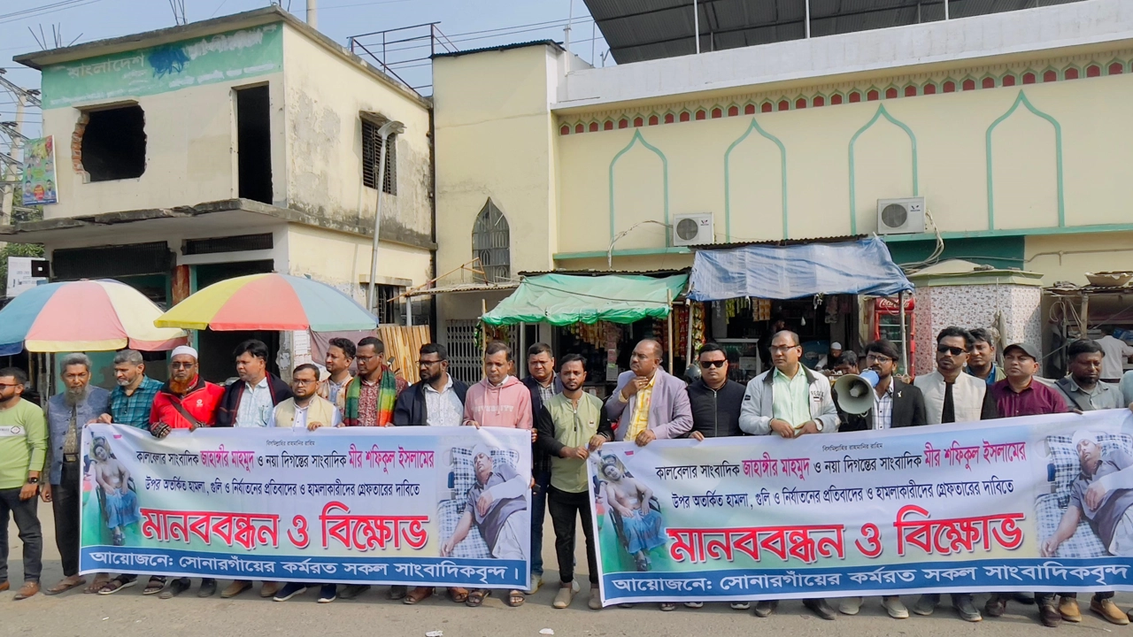 মানববন্ধনে সোনারগাঁয়ের স্থানীয় সাংবাদিকরা। ছবি : কালবেলা