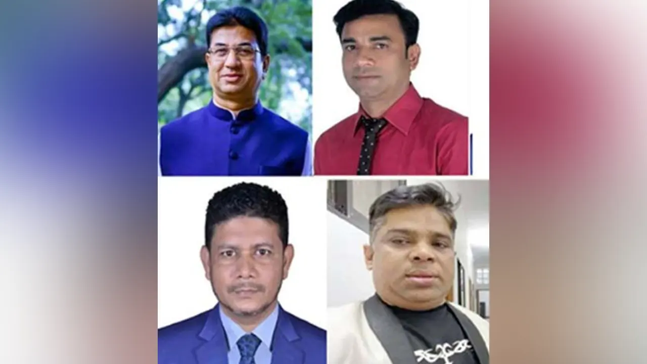 বাঁ থেকে সিলেট জেলা আওয়ামী লীগের সাধারণ সম্পাদক অ্যাডভোকেট নাসির উদ্দিন খান, সিলেট মহানগর যুবলীগের সভাপতি আলম খান মুক্তি, সিলেট মহানগর যুবলীগের সহসভাপতি রিপন ও সদস্য ইলিয়াস হোসেন (জুয়েল)। ছবি : সংগৃহীত