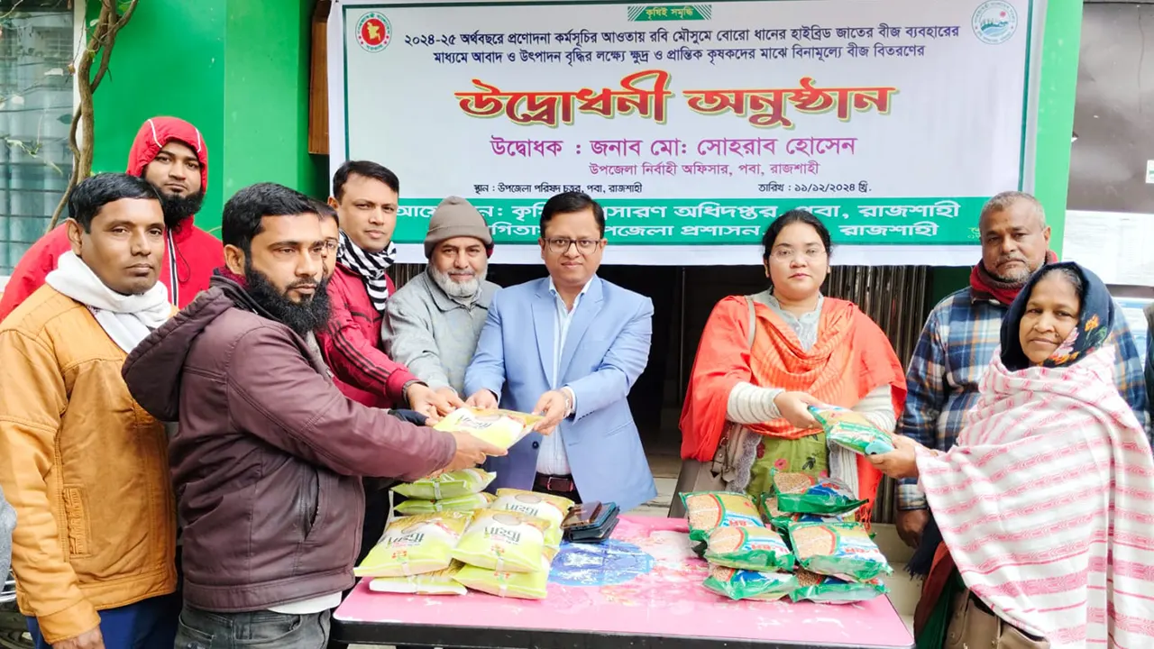 ধান বীজ বিতরণ করছেন উপজেলা কৃষি কর্মকর্তা কৃষিবিদ ফারজানা তাসনিম। ছবি : কালবেলা