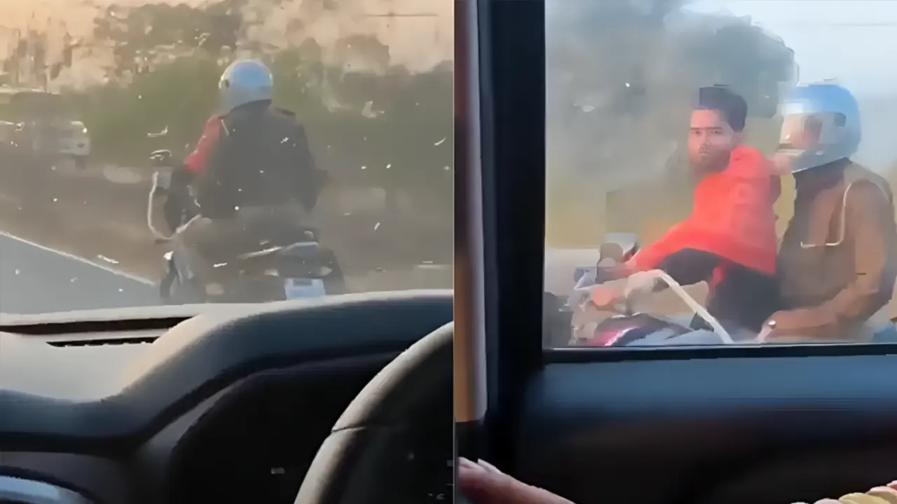 বাইক চালাচ্ছেন হাতকড়া পরা আসামি। ছবি : সংগৃহীত