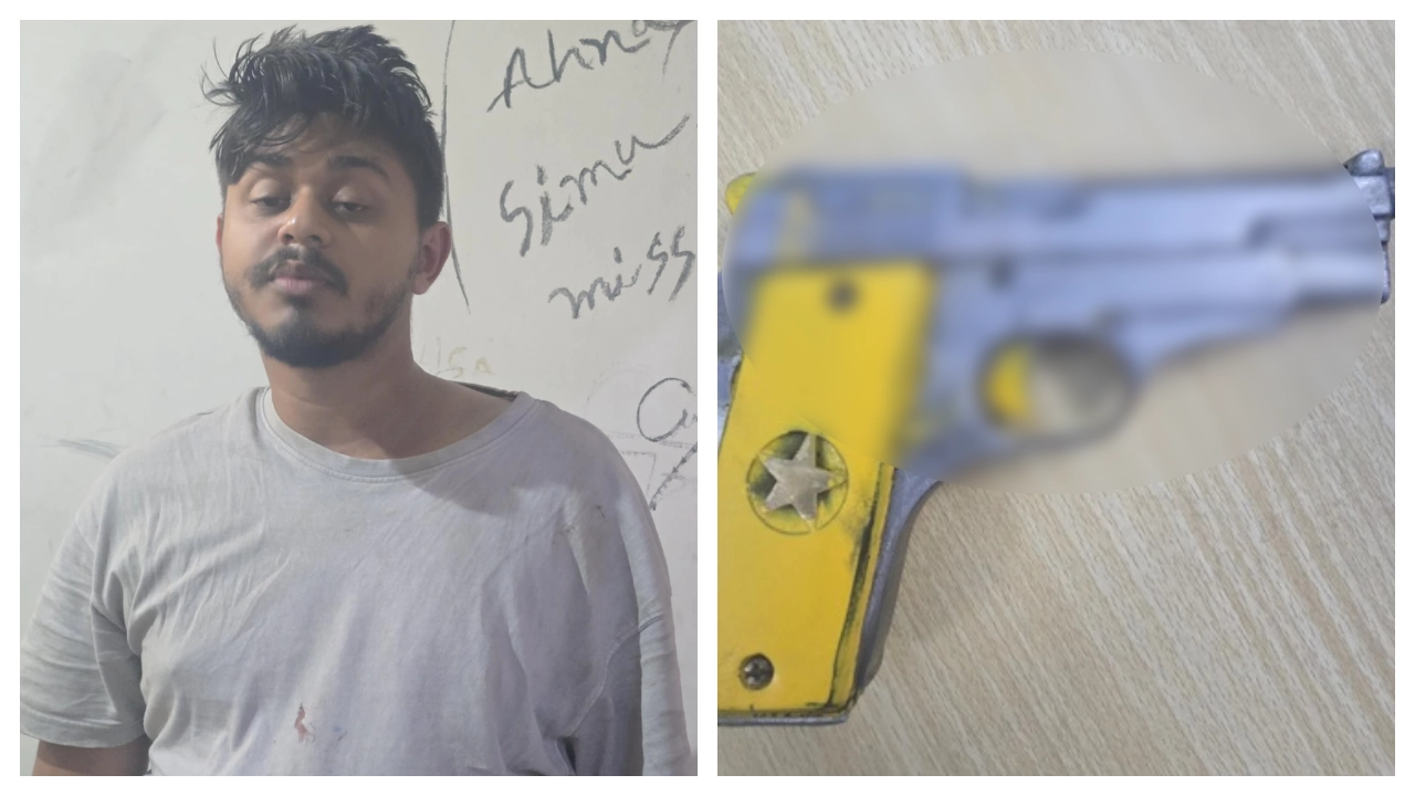 নারায়ণগঞ্জে উদ্ধার হওয়া পিস্তলসহ গ্রেপ্তার যুবক এসএম ফাইয়াজ হাসান নিলয়। ছবি : সংগৃহীত