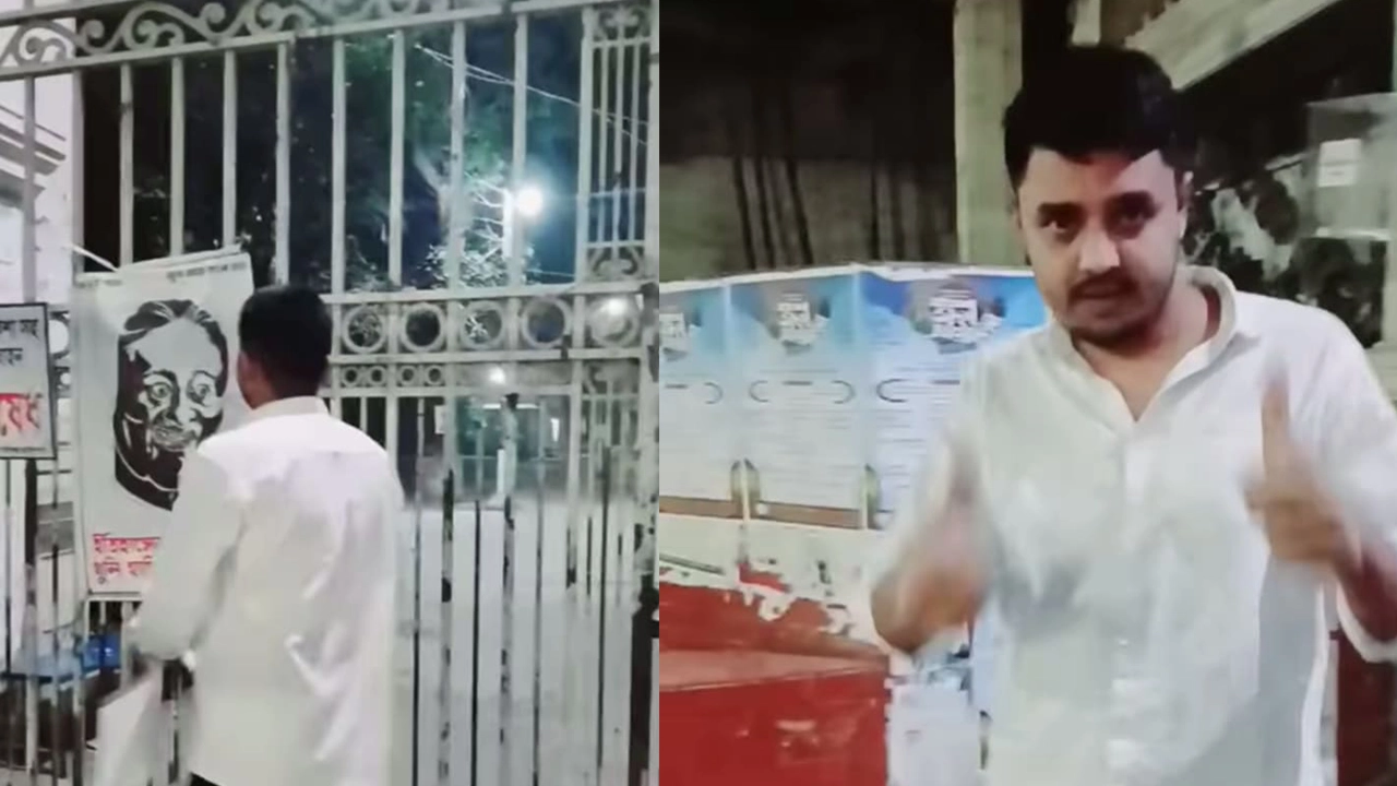 ঢাকা কলেজ থেকে ‘খুনি হাসিনা’ লেখা ফেস্টুন ছিঁড়ে ফেলা ছাত্রলীগ নেতা। ছবি : ভিডিও থেকে