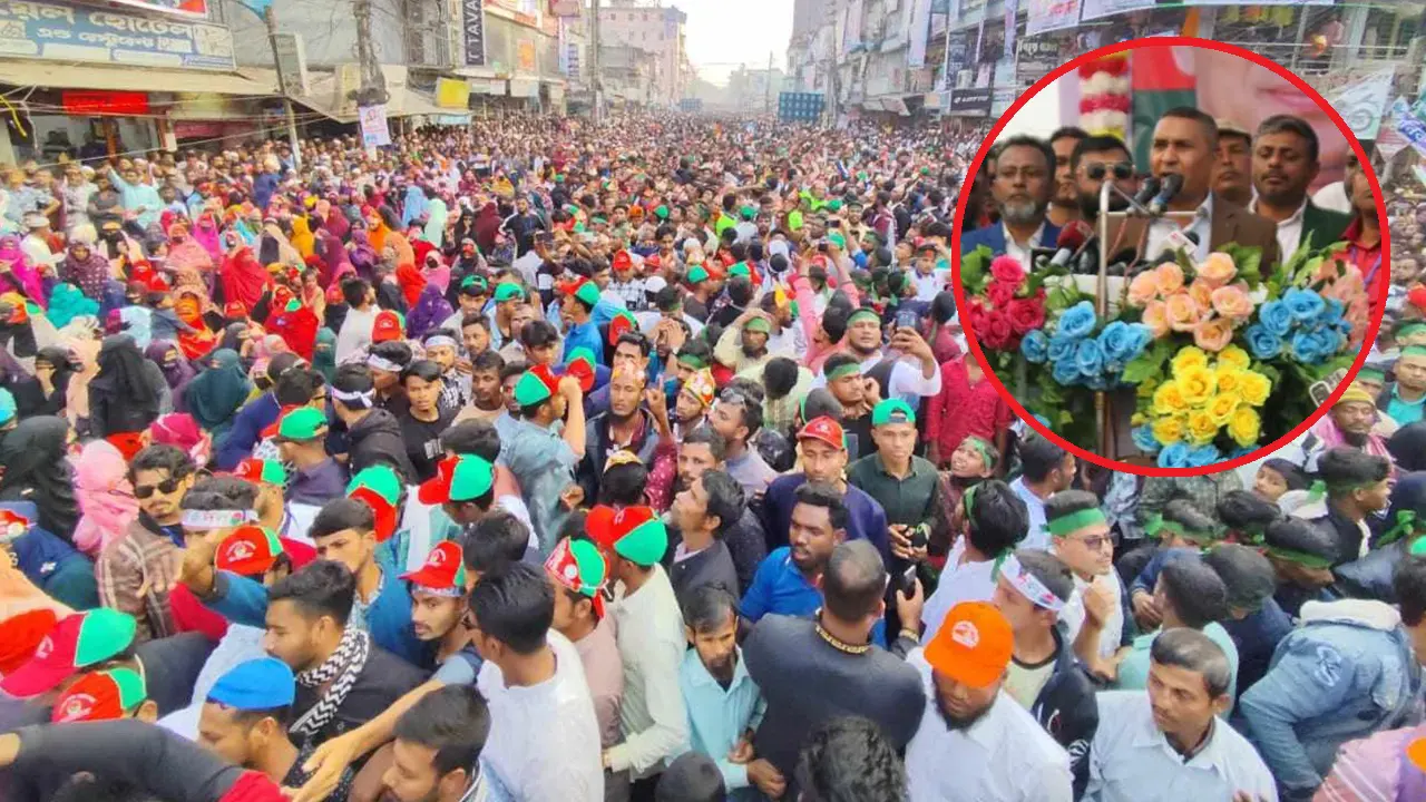 ভোলার চরফ্যাসনে গণসংর্বধনায় উপস্থিত নেতাকর্মী। বক্তব্য দেন মোহাম্মদ নুরুল ইসলাম নয়ন (ইনসেটে)। ছবি : কালবেলা