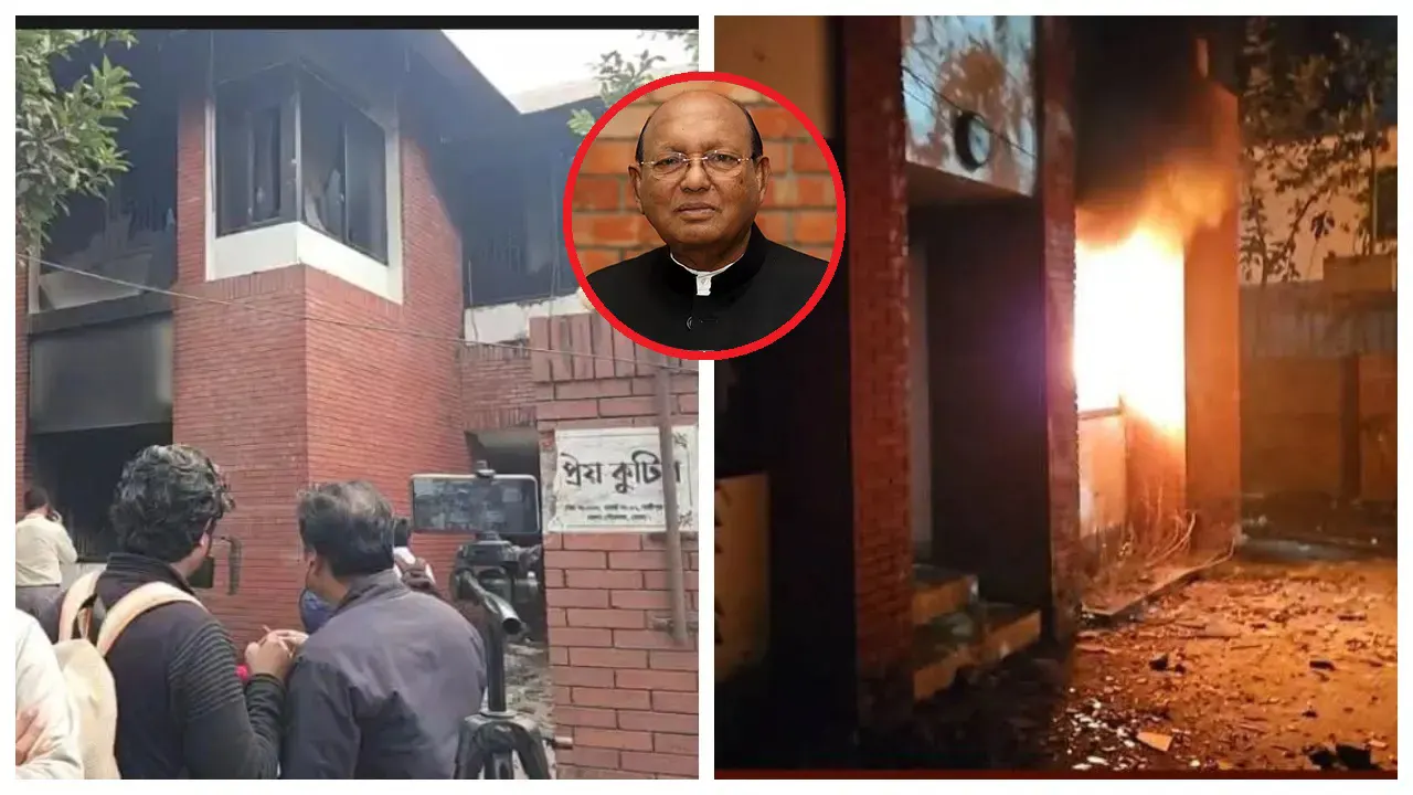 আগুন জ্বলছে তোফায়েল আহমেদের বাসভবনে। ছবি : কালবেলা